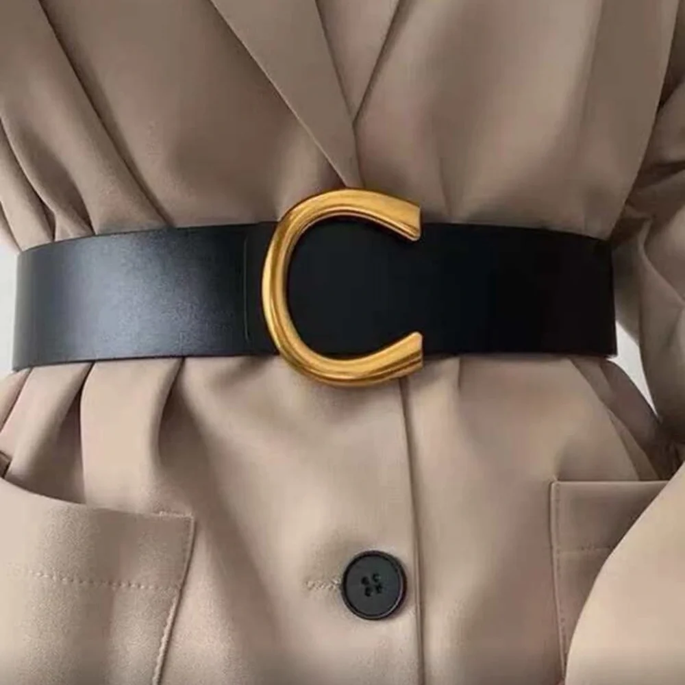 Elegant Vegan Leather Black and Gold Wide Women's Minimalist Belt